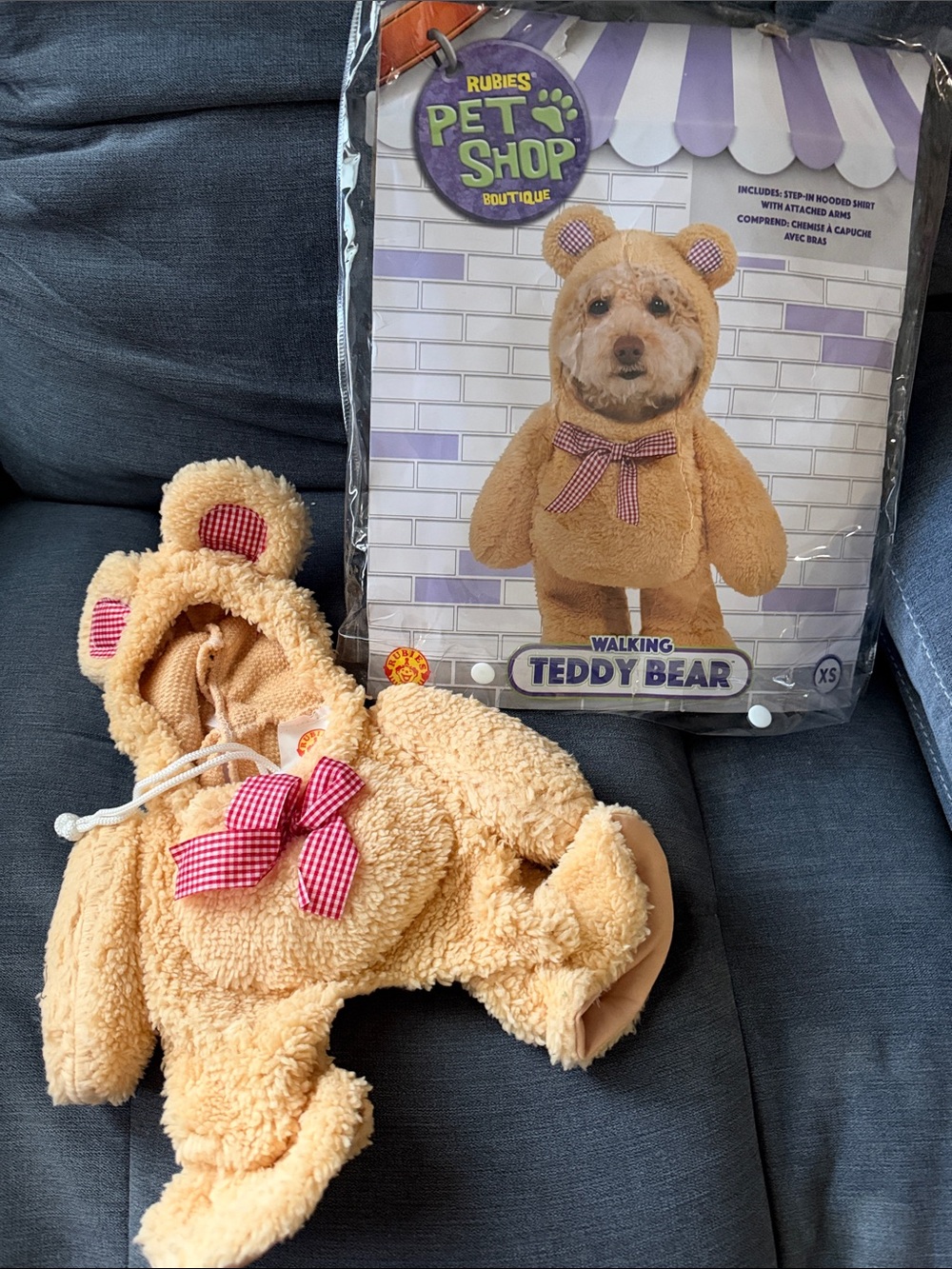 Rubie's Plush Walking Teddy Bear Costume in Cream with Pink Gingham Bow. Size XS